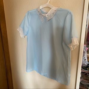 Pastel blue white sheer blouse lace
